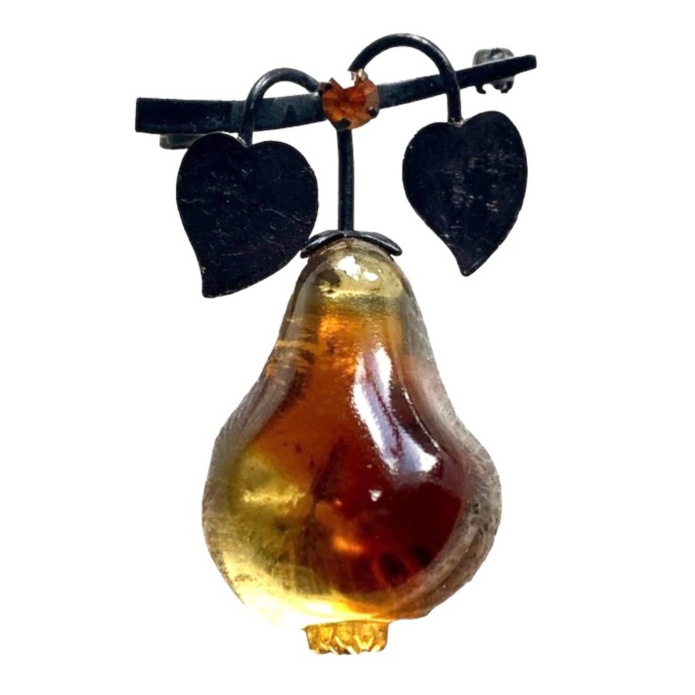 Vintage Austria Crystal & Metal Pear Brooch Pin Women Jewelry Fruit Fiery Stone
